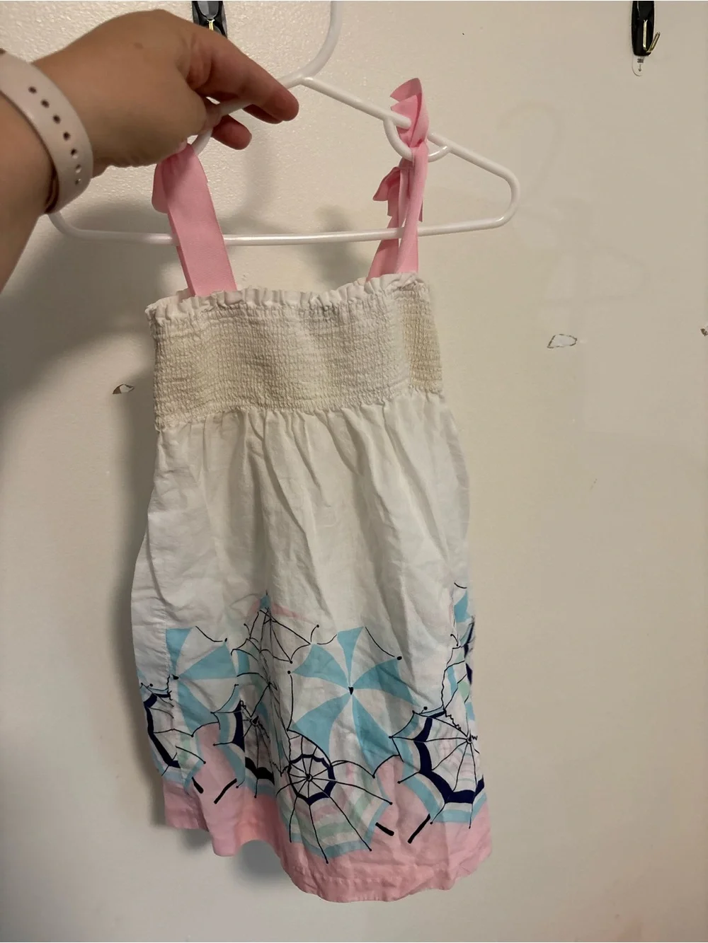 Janie and Jack 2T White Sundress Pink Straps smocked top  Blue Umbrella Print